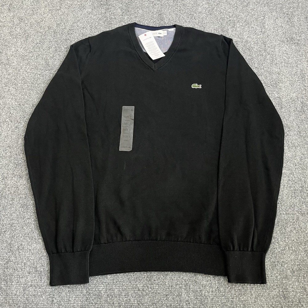 Lacoste Men's Black V-Neck Sweater Size‎ 3 Small Crocodile Logo Pullover NWT